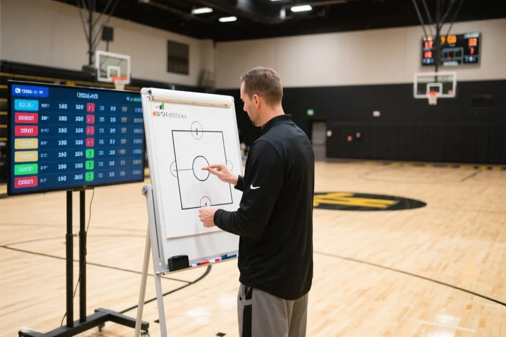 篮球教练在分析比赛数据和战术