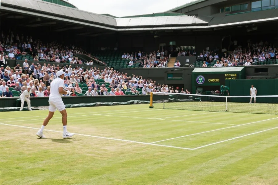 温布尔登网球场的草地和身着白色运动服的球员,观众席上充满英伦风情